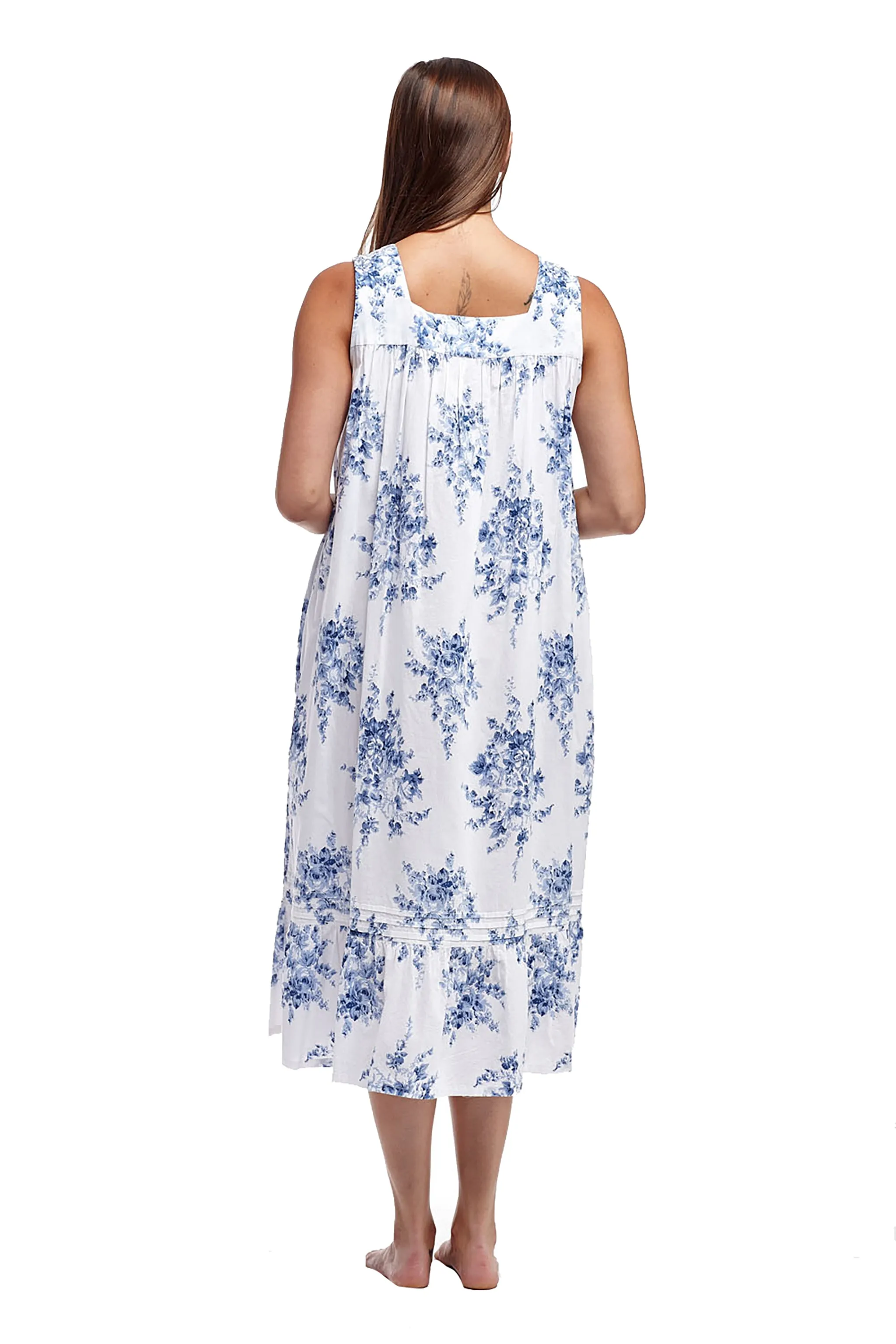 100% Cotton Lace Trim Flounce Gown- Blue and White Floral Print