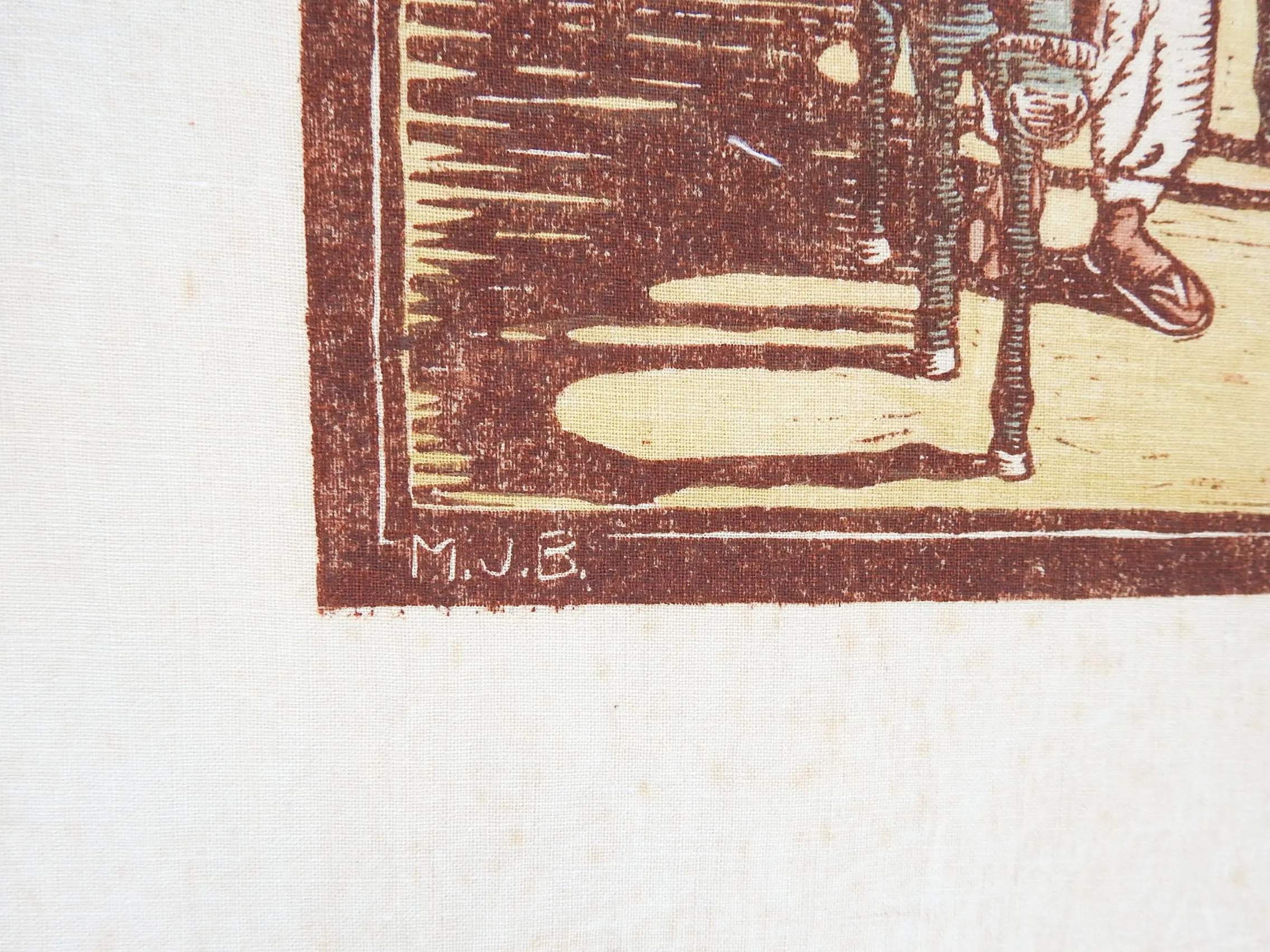 1937 Wood Block Print On Cotton With Donkeys