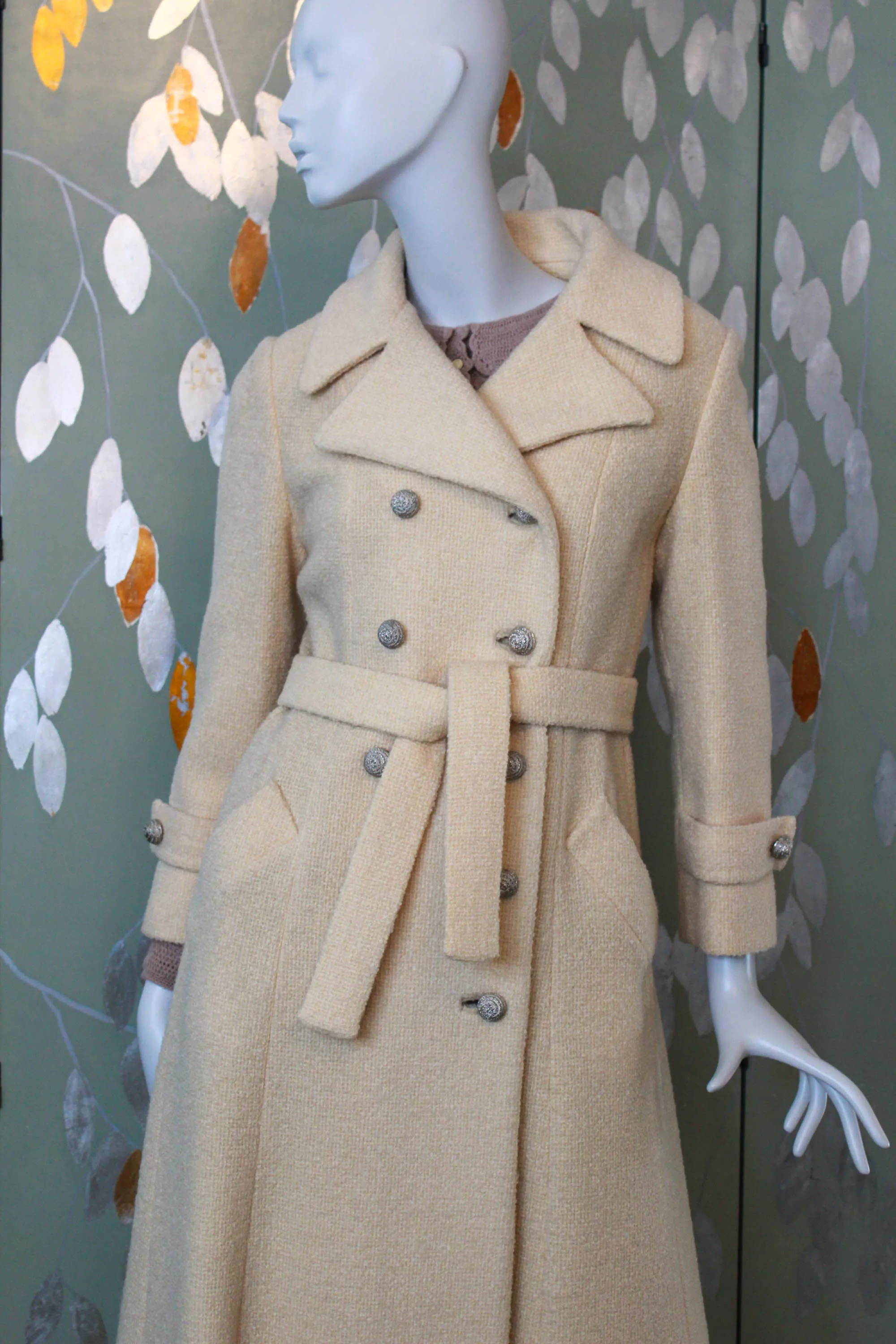 1950s Cream Double Breasted Long Coat, Small