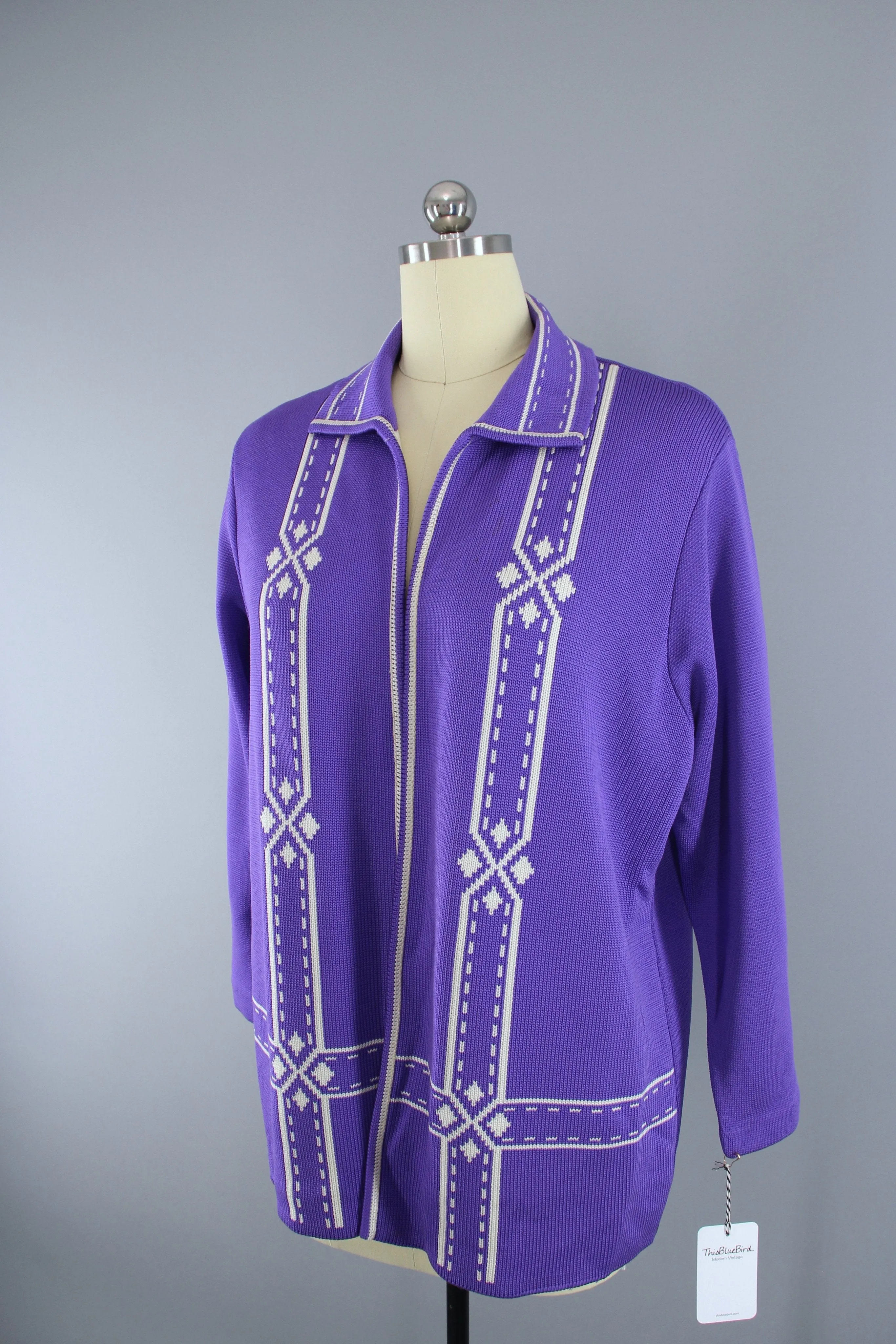 1960s Vintage Purple & White Knit Cardigan Sweater