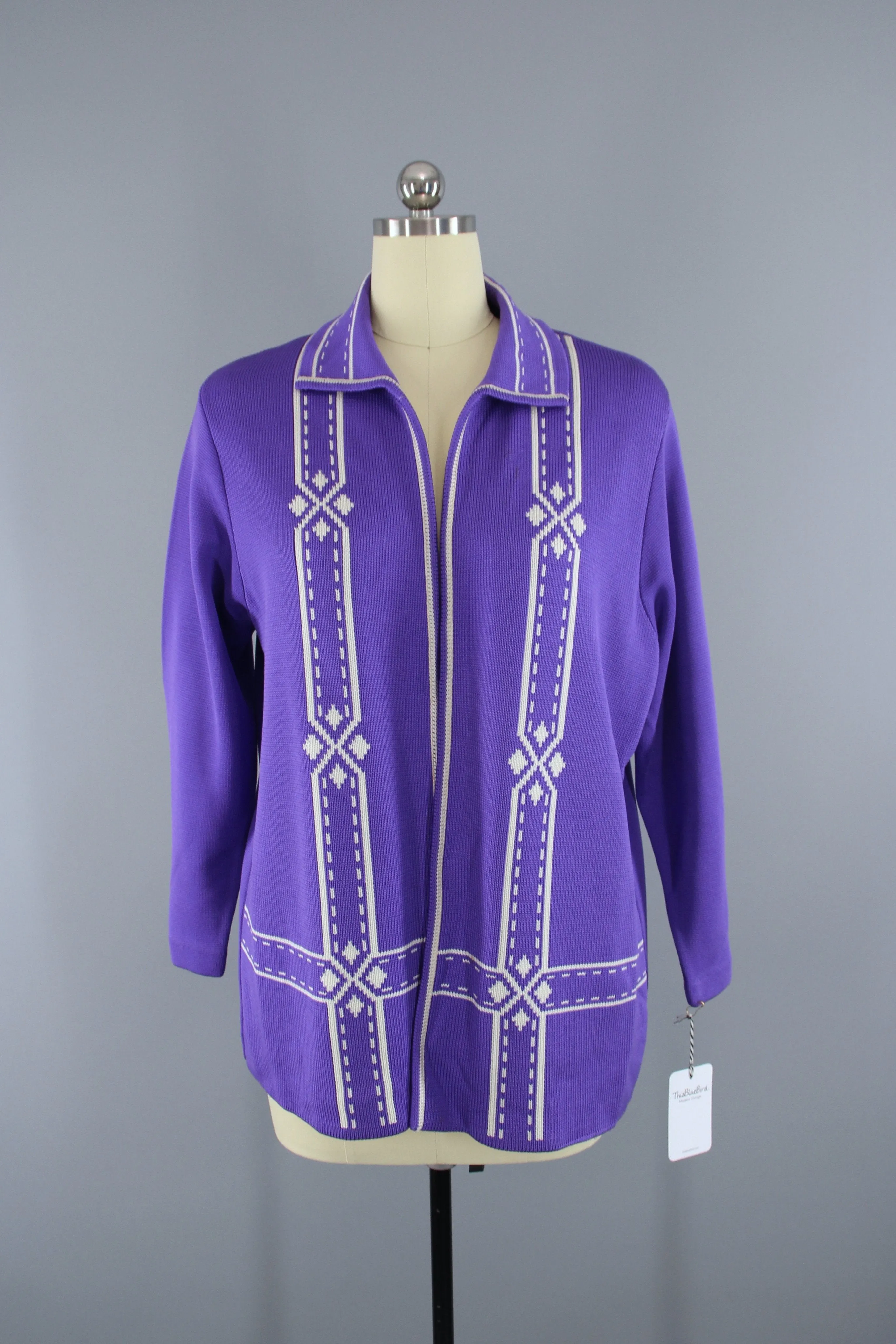 1960s Vintage Purple & White Knit Cardigan Sweater