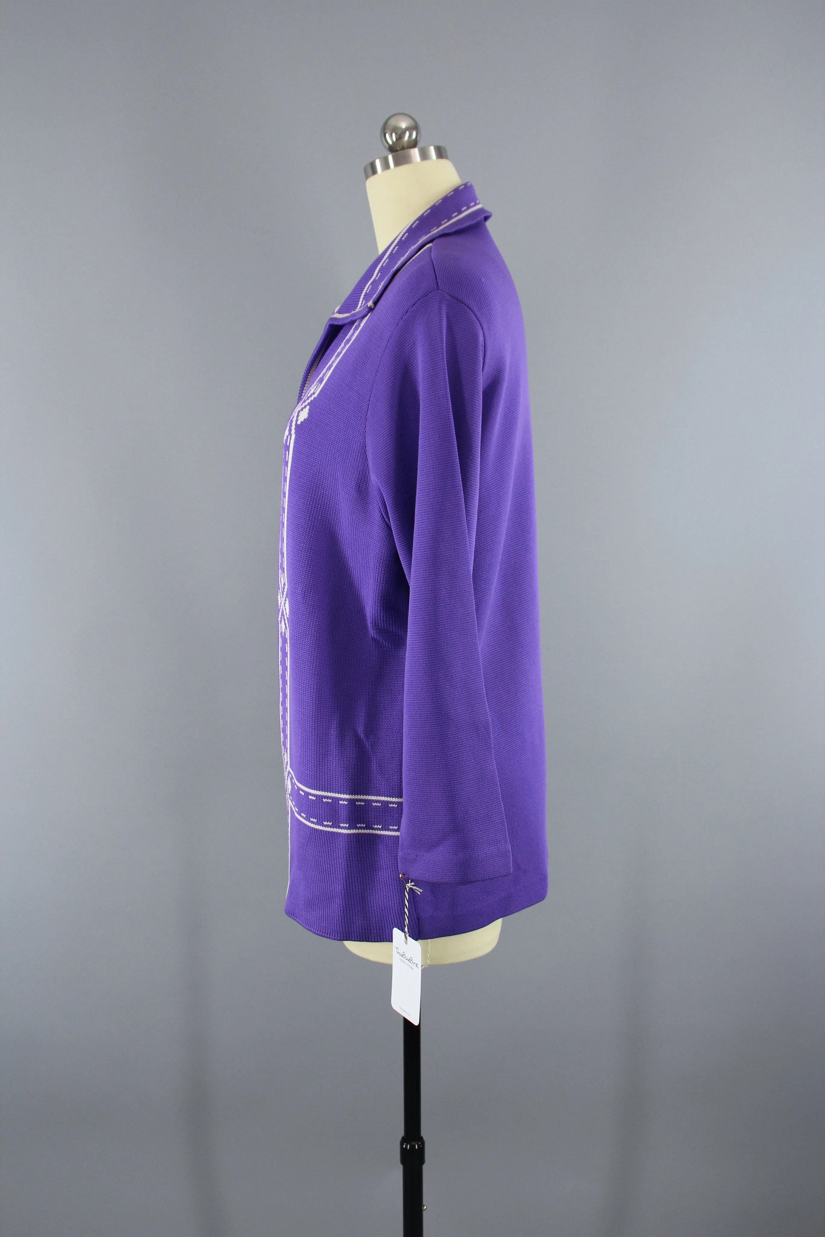 1960s Vintage Purple & White Knit Cardigan Sweater