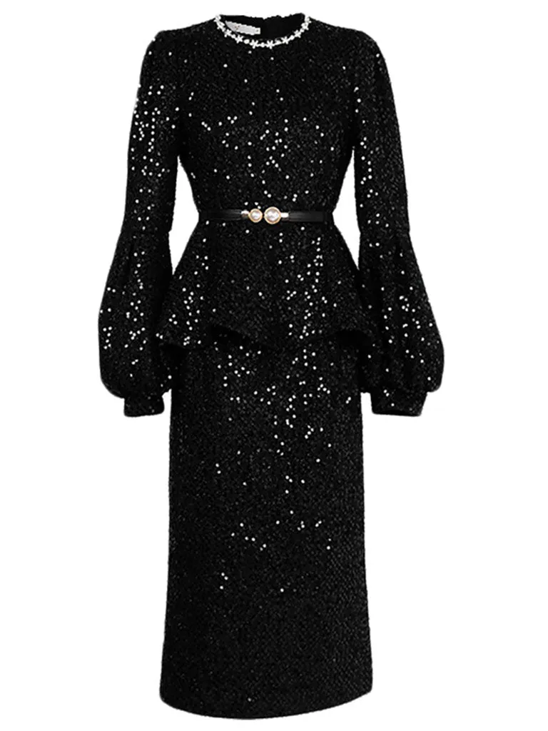 2PS Black Crew Neck Long Sleeve Sequins Top With Swing Skrit Suit