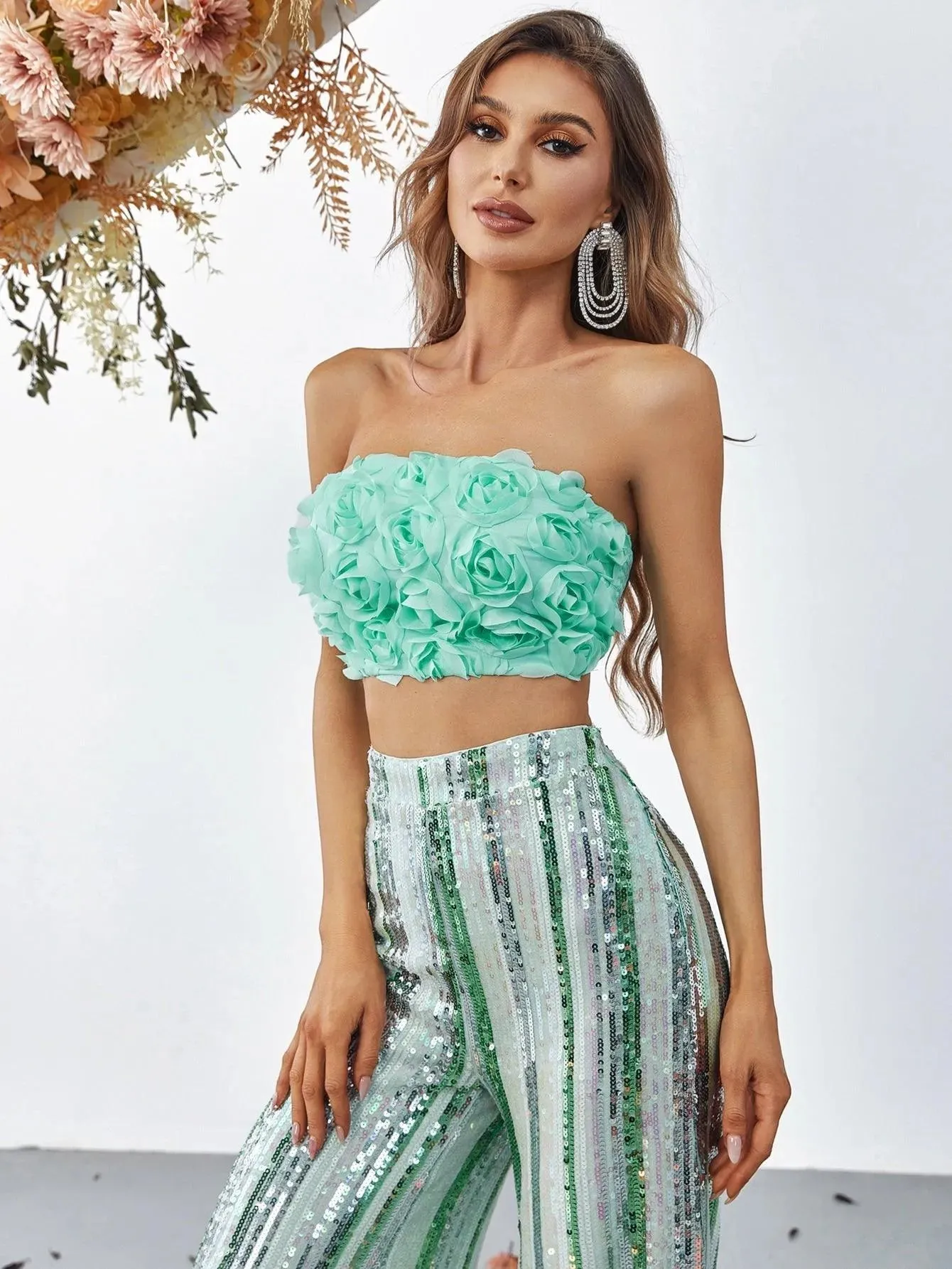 3D Flowers Tube Top & Sequin Wide Leg Pants