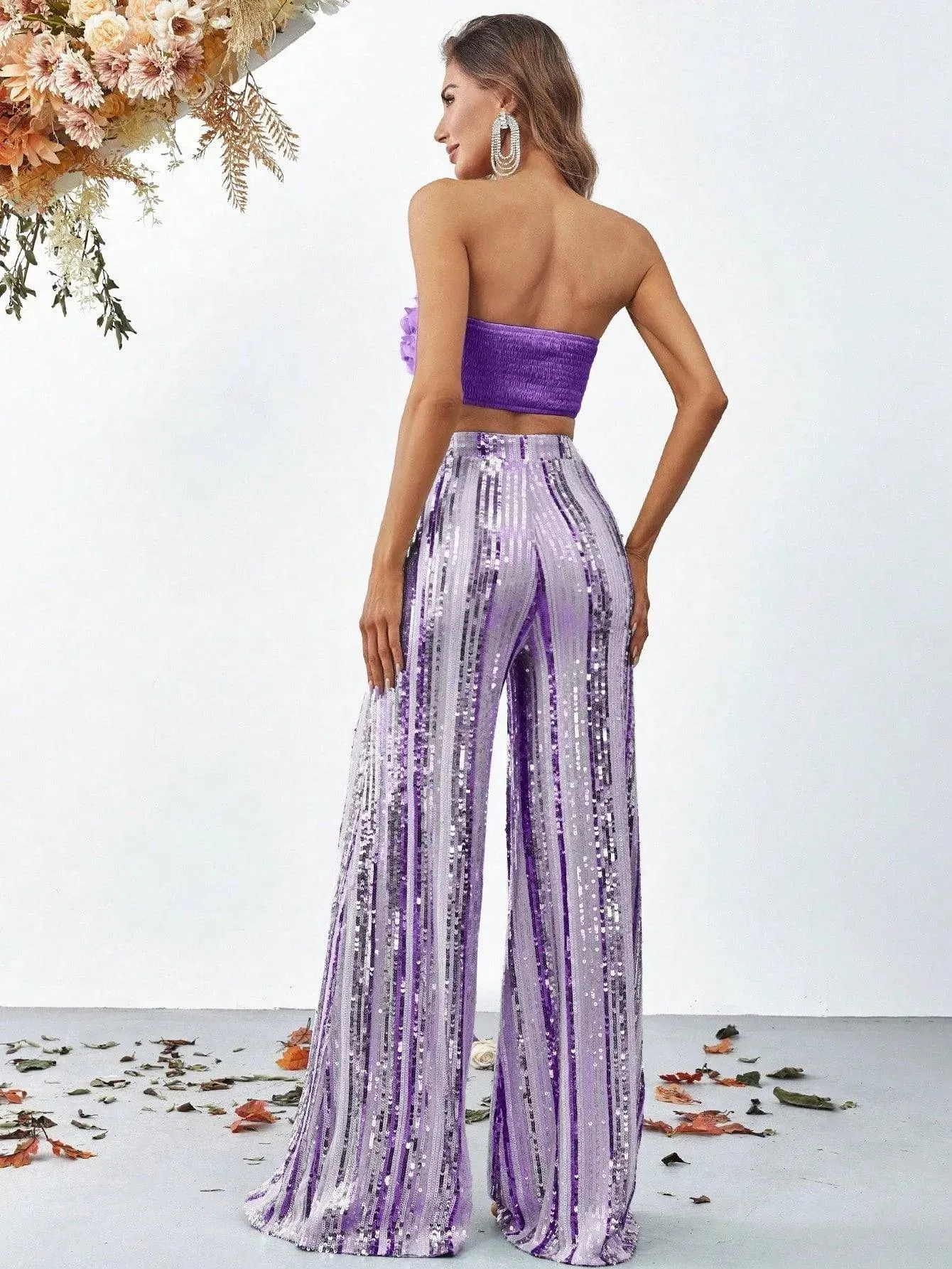 3D Flowers Tube Top & Sequin Wide Leg Pants