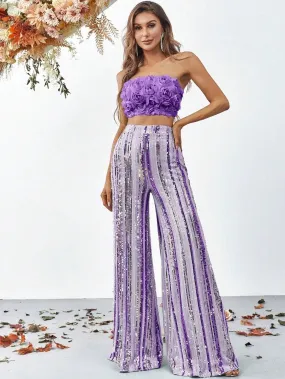 3D Flowers Tube Top & Sequin Wide Leg Pants