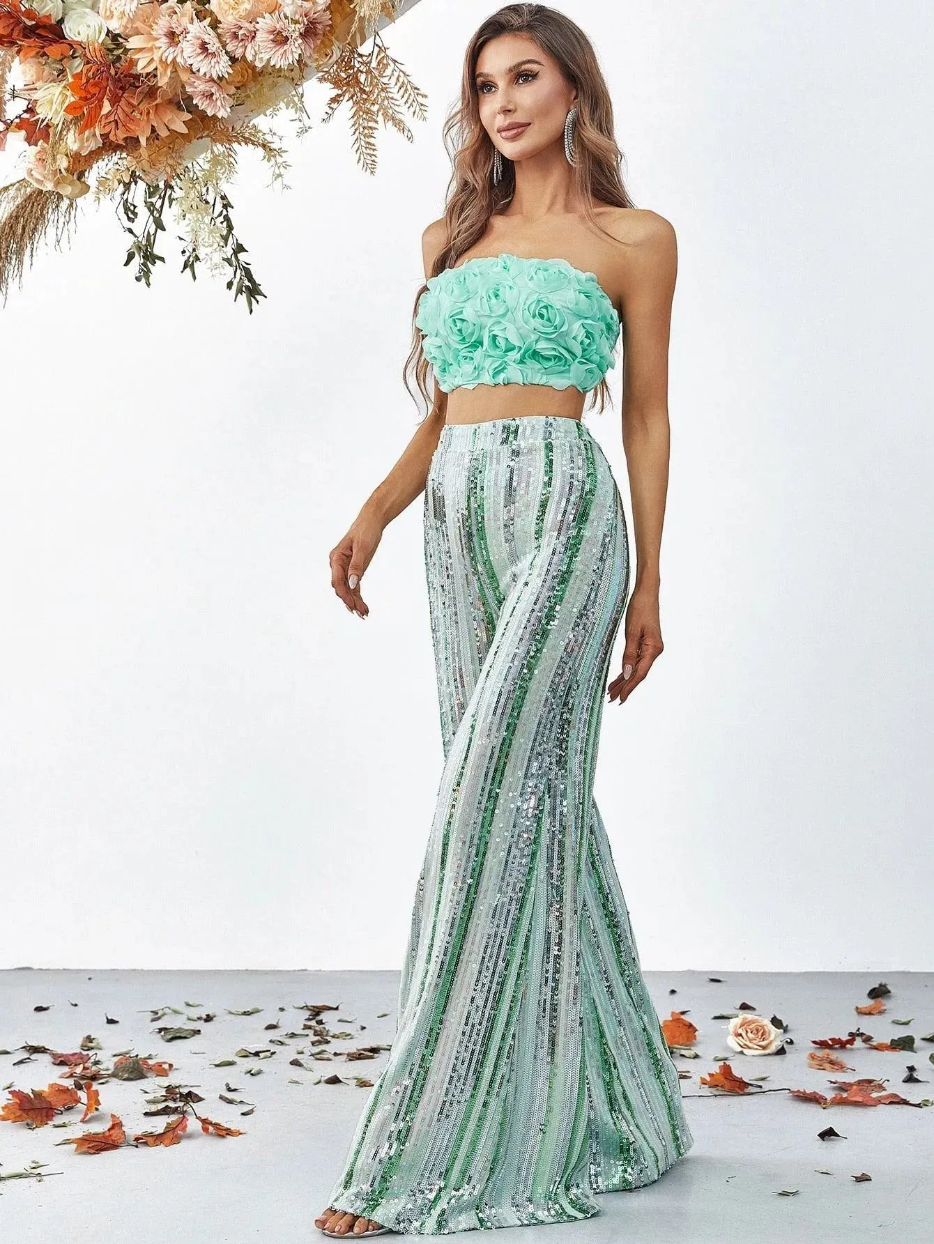 3D Flowers Tube Top & Sequin Wide Leg Pants