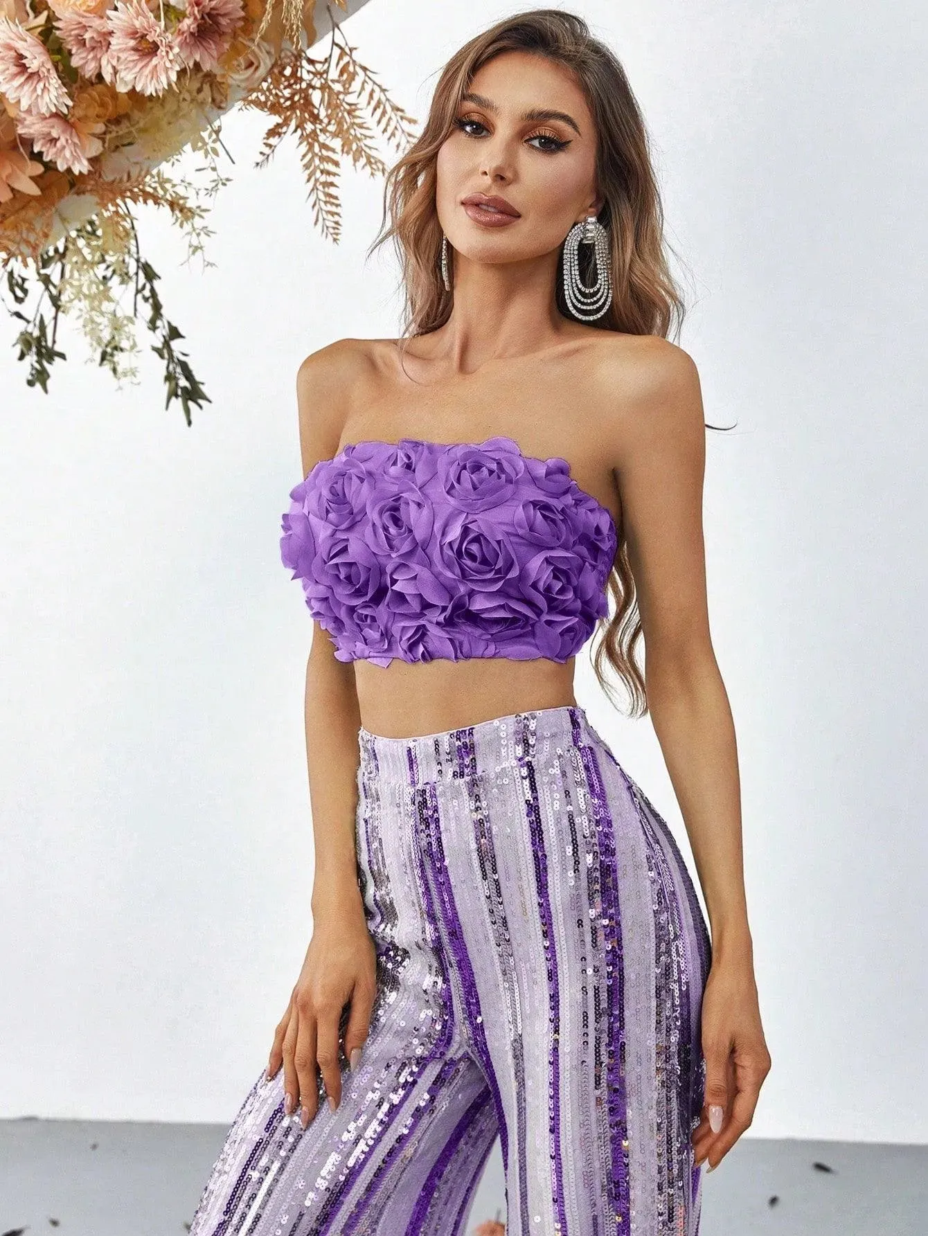 3D Flowers Tube Top & Sequin Wide Leg Pants