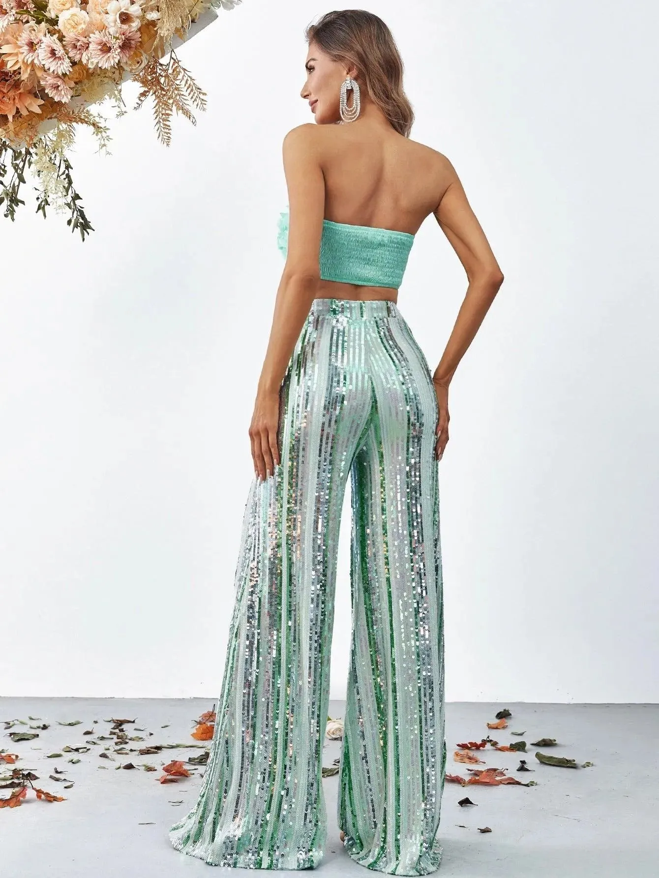 3D Flowers Tube Top & Sequin Wide Leg Pants