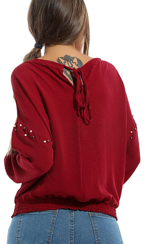 48715 Pearls Long Sleeves Blouse - Maroon