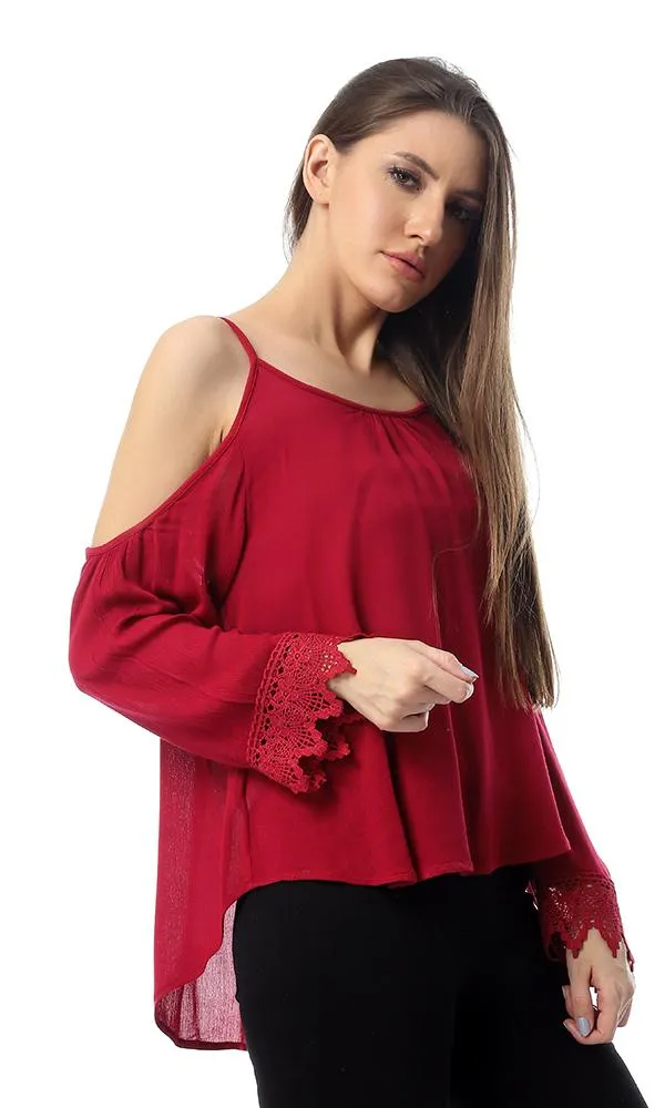 53405 Off-Shoulder Spaghetti Sleeves Fluffy Top - Burgundy