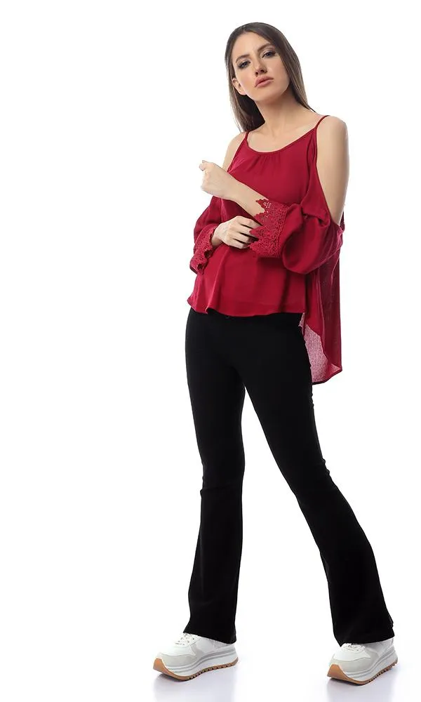 53405 Off-Shoulder Spaghetti Sleeves Fluffy Top - Burgundy