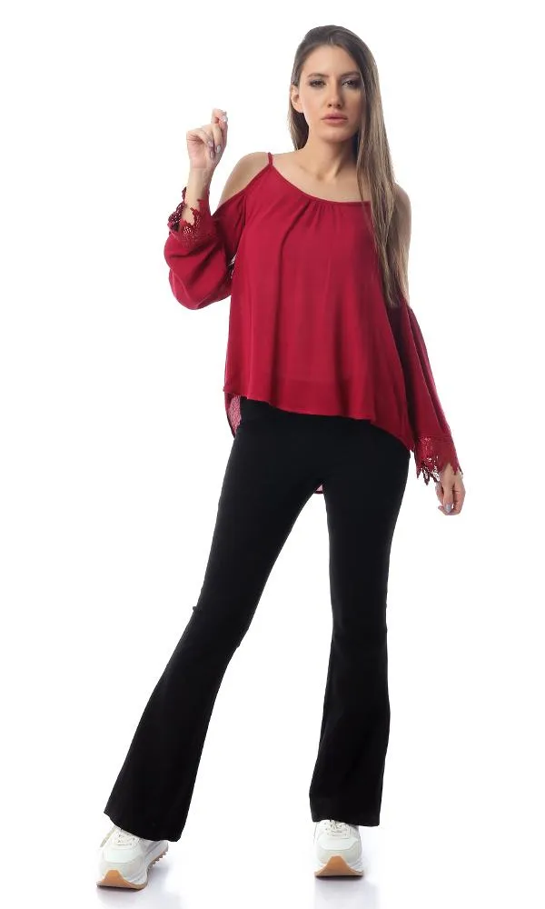 53405 Off-Shoulder Spaghetti Sleeves Fluffy Top - Burgundy