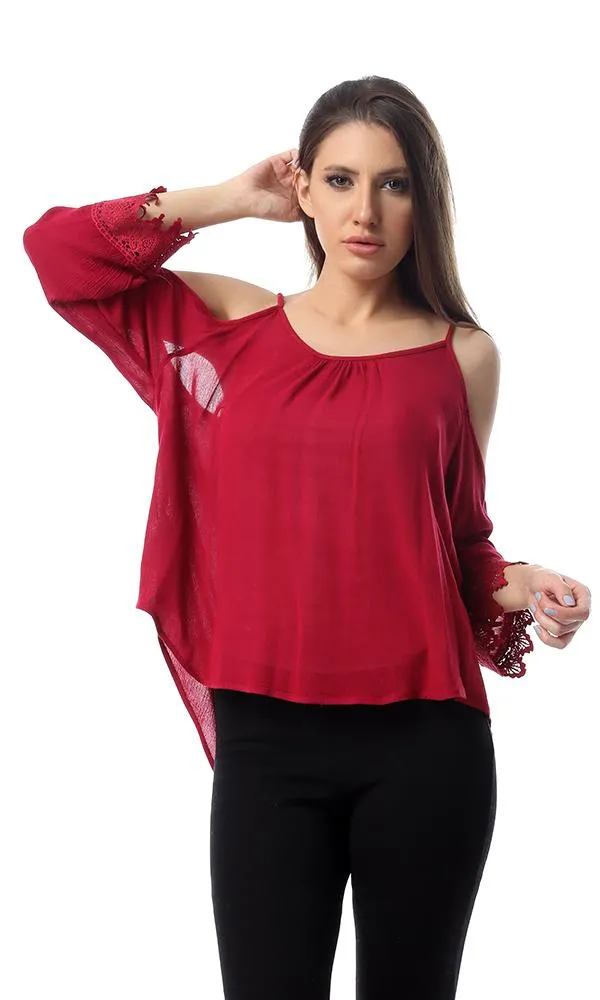 53405 Off-Shoulder Spaghetti Sleeves Fluffy Top - Burgundy