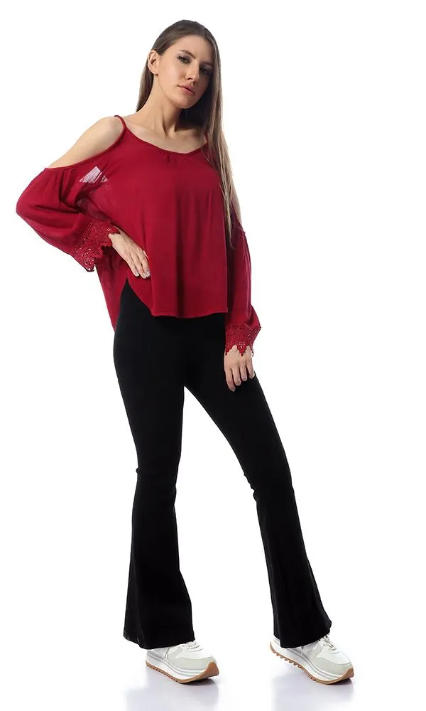 53405 Off-Shoulder Spaghetti Sleeves Fluffy Top - Burgundy