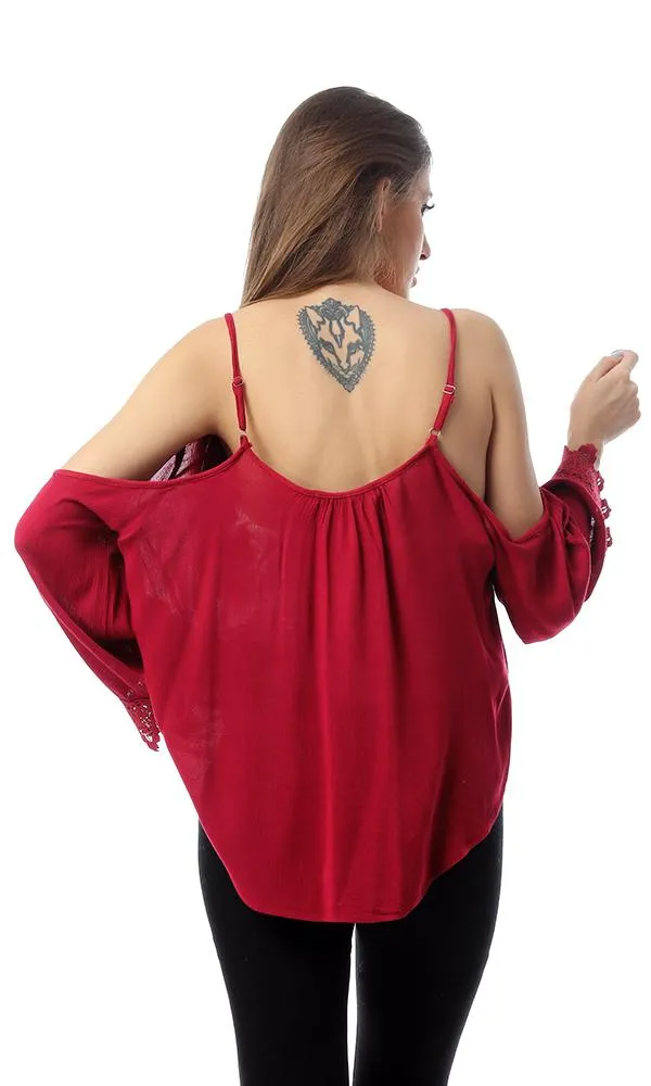 53405 Off-Shoulder Spaghetti Sleeves Fluffy Top - Burgundy