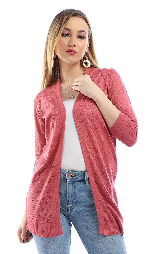 54052 Casual Long Sleeves Comfy Knitted Cerise Cardigan