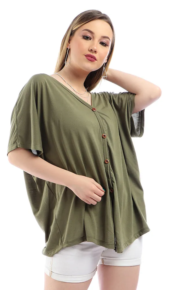 54231 Solid Short Sleeves Loose Olive Cardigan