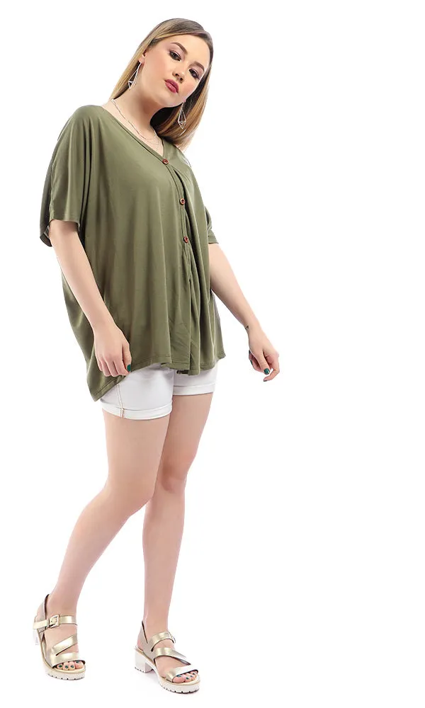 54231 Solid Short Sleeves Loose Olive Cardigan