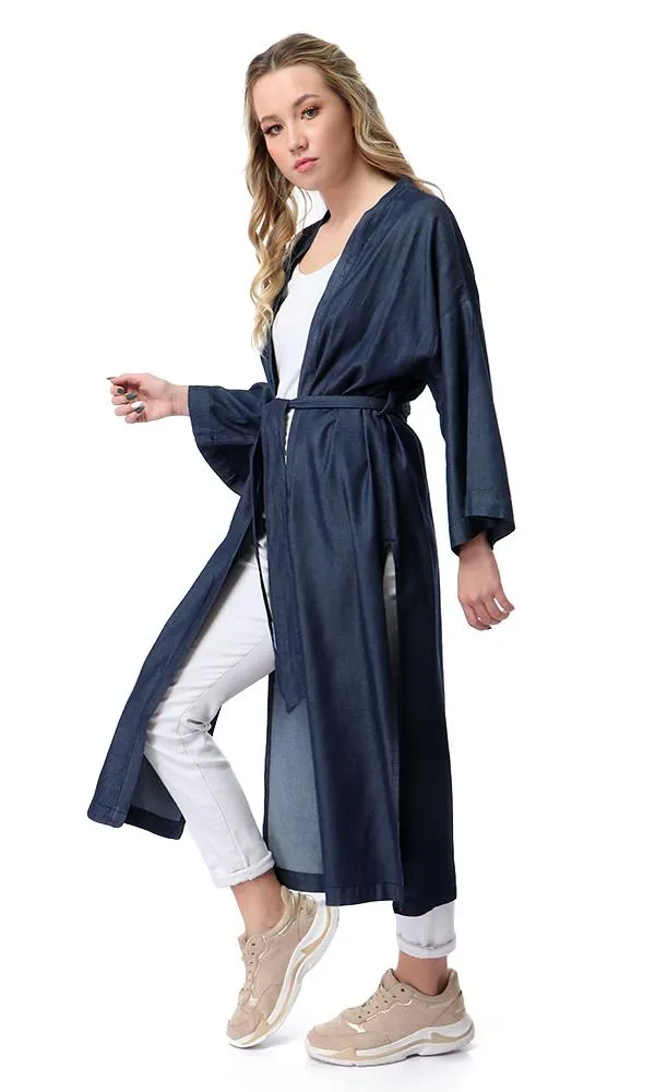 54232 Loose Albow Sleeves Cardigan With Slits - Dark Blue Jeans