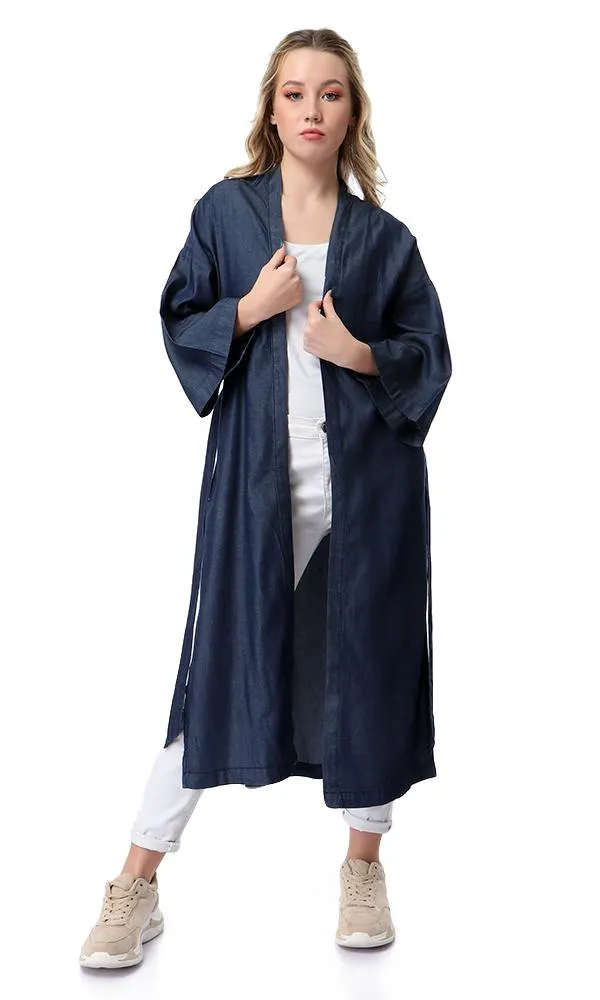 54232 Loose Albow Sleeves Cardigan With Slits - Dark Blue Jeans