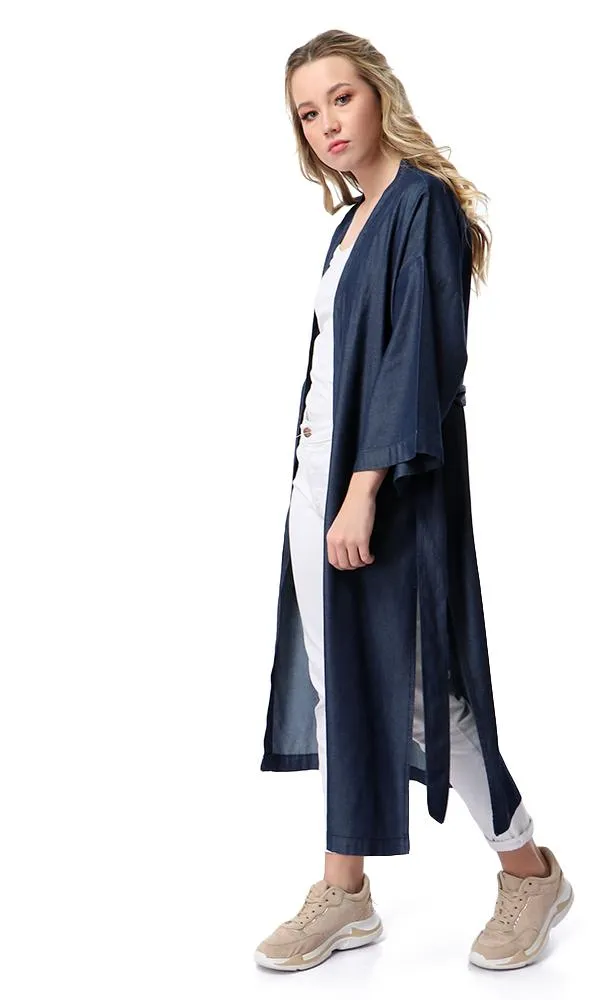 54232 Loose Albow Sleeves Cardigan With Slits - Dark Blue Jeans