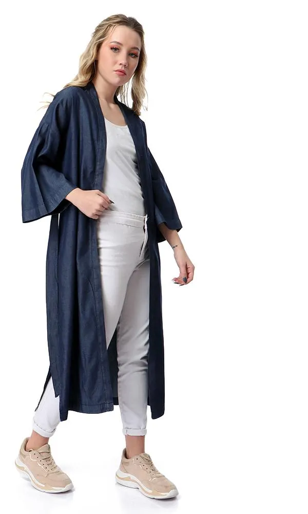 54232 Loose Albow Sleeves Cardigan With Slits - Dark Blue Jeans