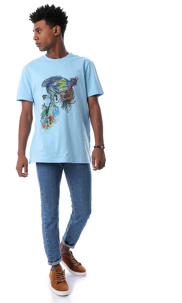 54374 Colorful Profile Face Print Baby Blue T-shirt