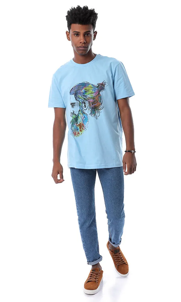 54374 Colorful Profile Face Print Baby Blue T-shirt