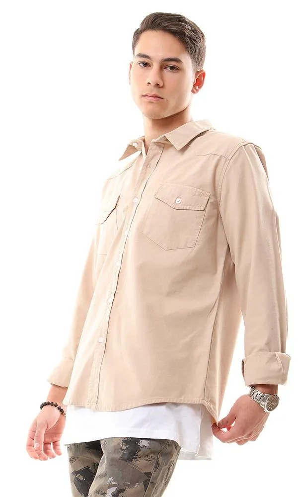 56013 Front Patch Pockets Beige Long Sleeve Shirt