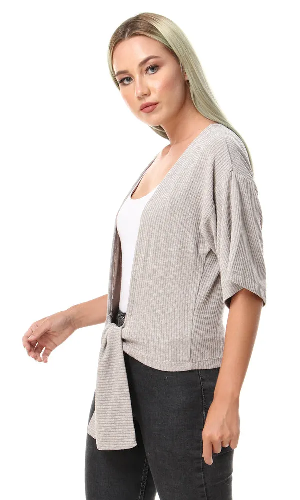 56986 Ribbed Casual Cardigan With Front Tie - Beige