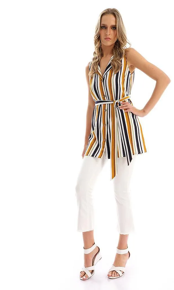 57024 Unbalanced Striped Buttoned Long Vest - Goldenrod