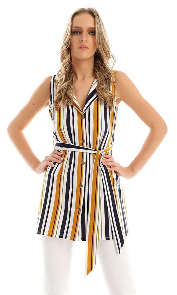 57024 Unbalanced Striped Buttoned Long Vest - Goldenrod