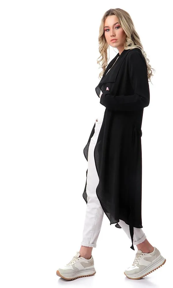 57109 Draped Collar Long Sleeves Cardigan - Black