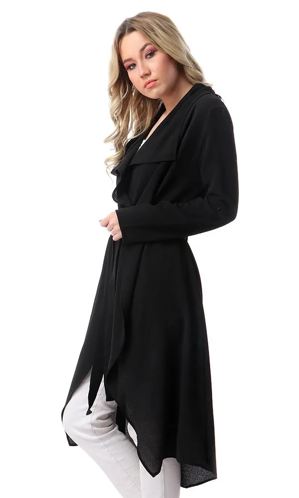 57109 Draped Collar Long Sleeves Cardigan - Black