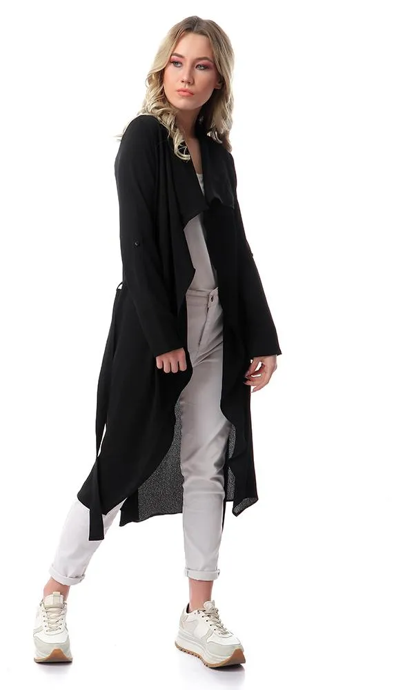 57109 Draped Collar Long Sleeves Cardigan - Black