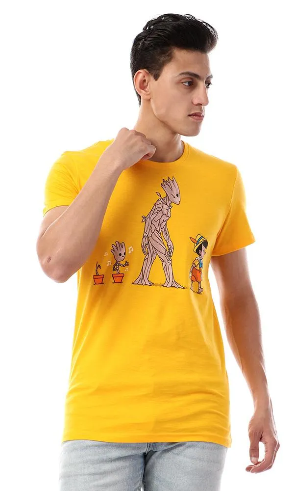 57563 " Groot & Pinokio " Printed Round Collar T-Shirt - Amber