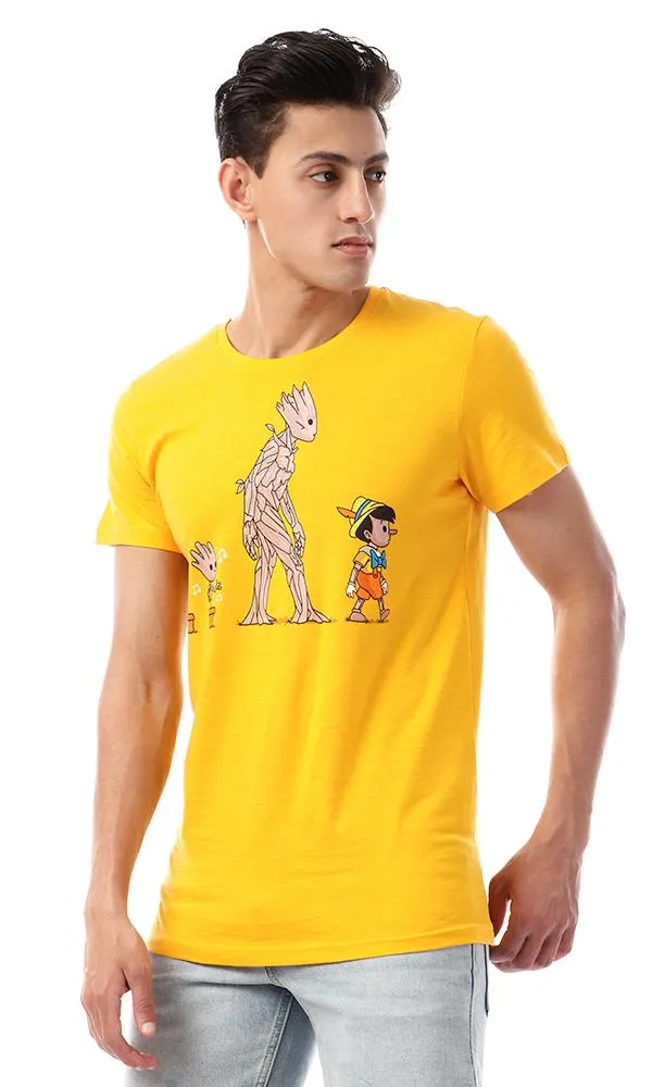 57563 " Groot & Pinokio " Printed Round Collar T-Shirt - Amber