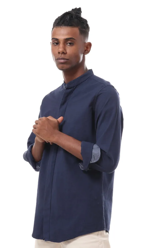 57775 Plain Dark Navy Blue Mandarin Collar Shirt