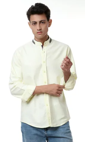 57893 Mandarin Collar Long Sleeves Slub Shirt - Light Yellow