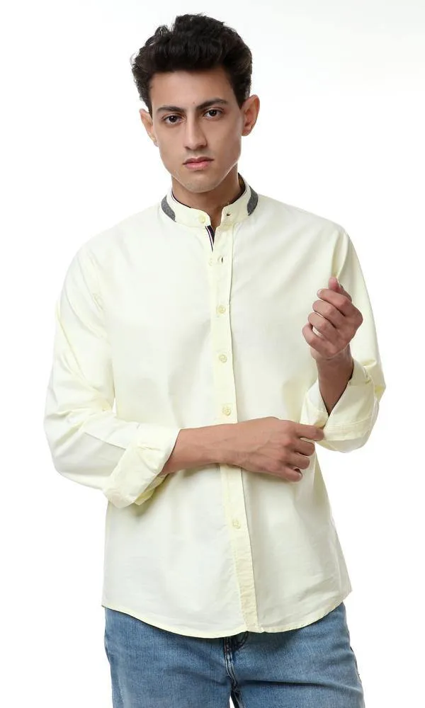 57893 Mandarin Collar Long Sleeves Slub Shirt - Light Yellow