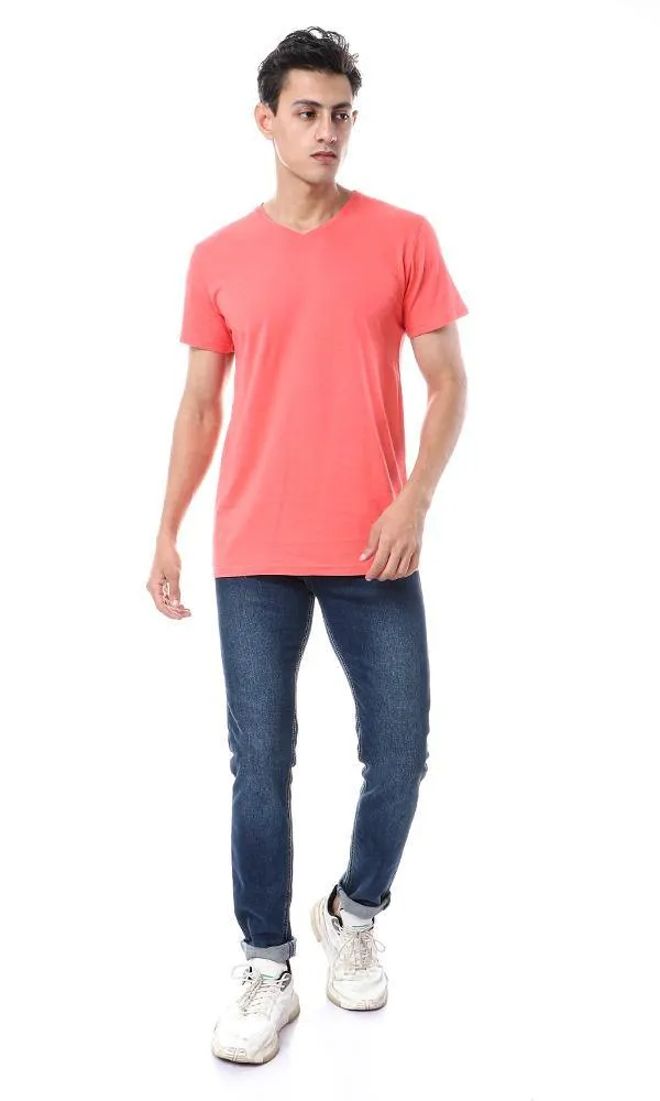 57986 Basic V-Neck Solid T-Shirt - Coral Red