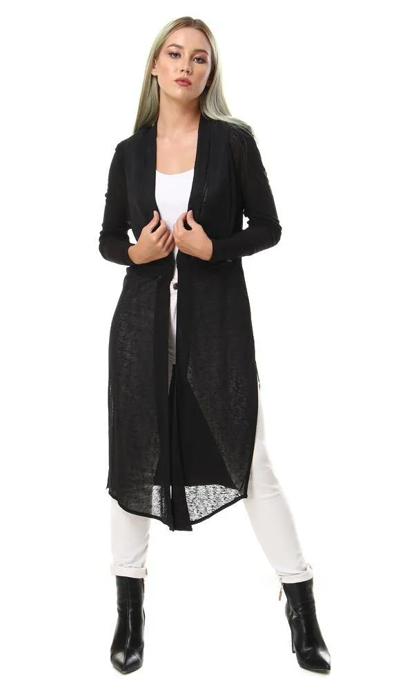 93125 Open Neckline Side Slitted Black Cardigan