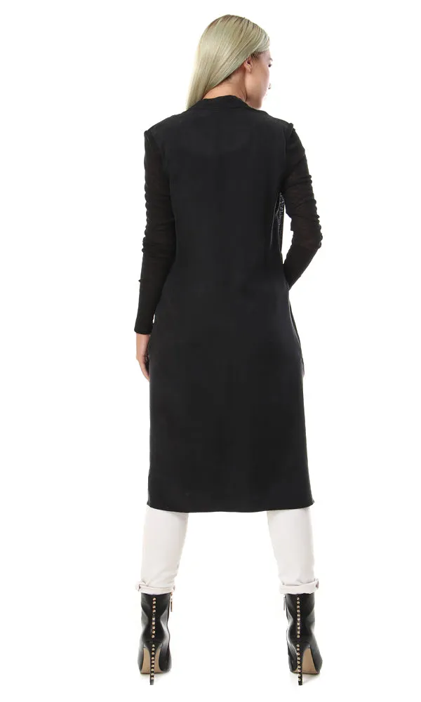 93125 Open Neckline Side Slitted Black Cardigan