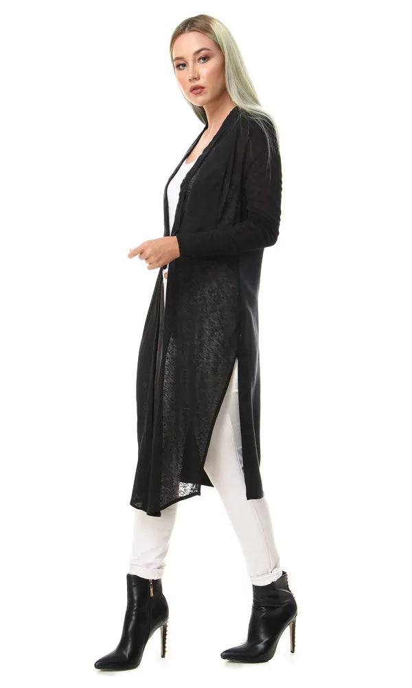 93125 Open Neckline Side Slitted Black Cardigan