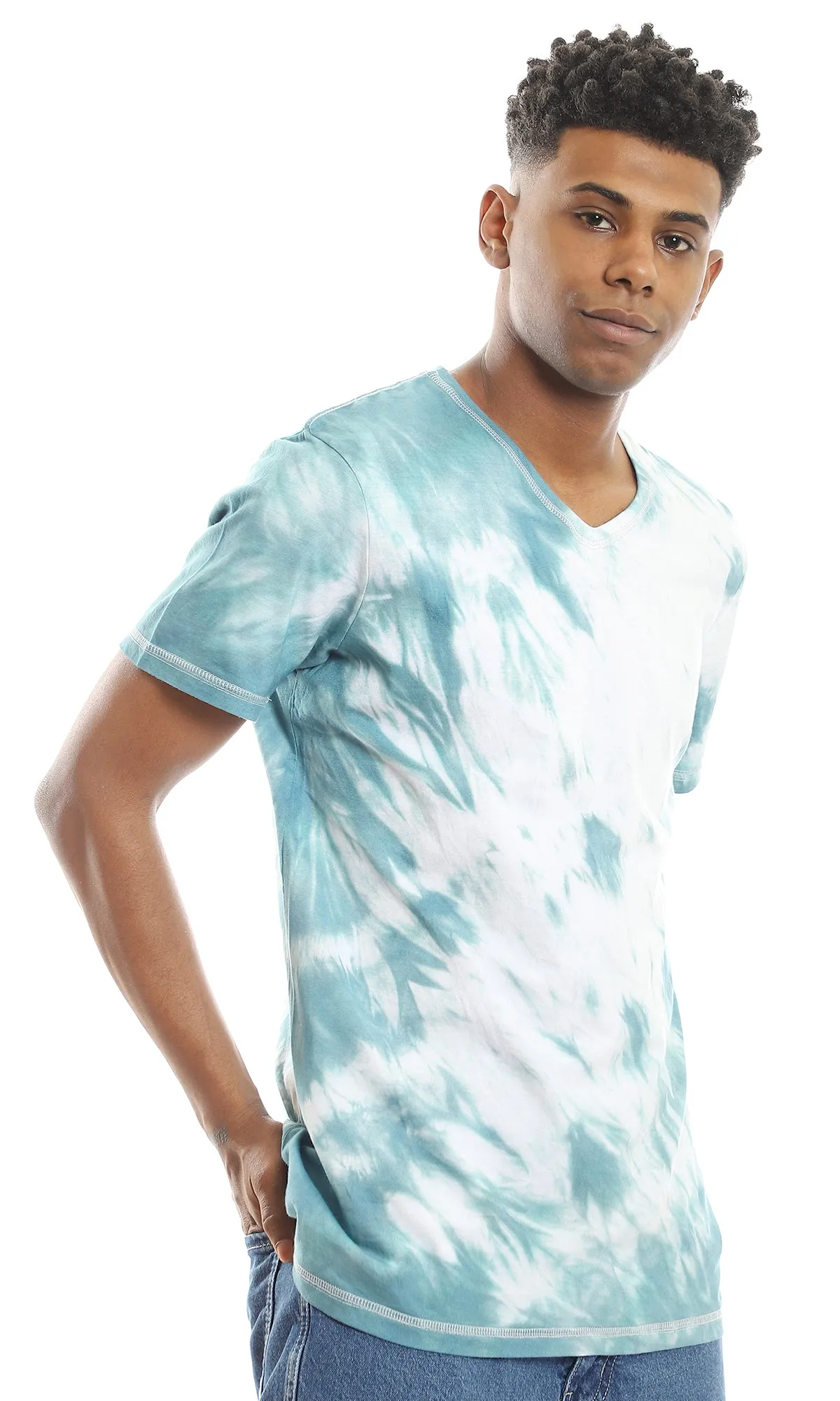 94562 Tie Dye Light Teal V-Neck Cotton Tee