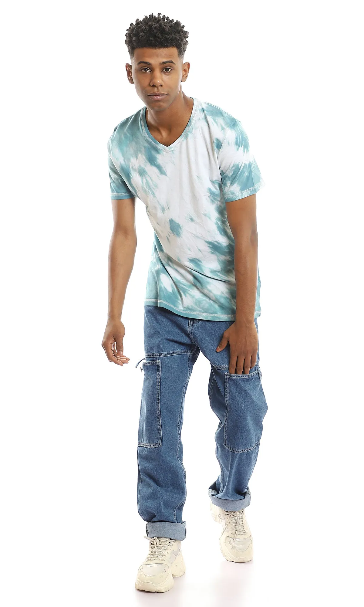 94562 Tie Dye Light Teal V-Neck Cotton Tee