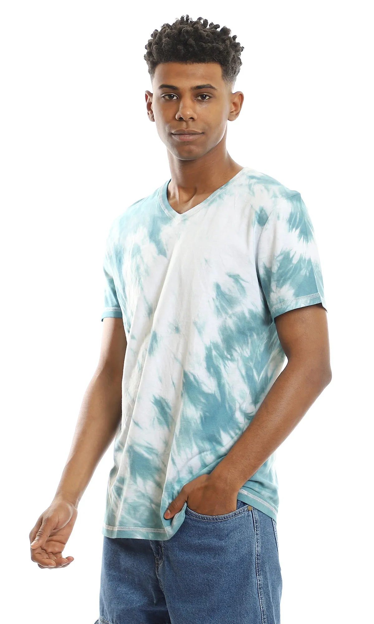 94562 Tie Dye Light Teal V-Neck Cotton Tee