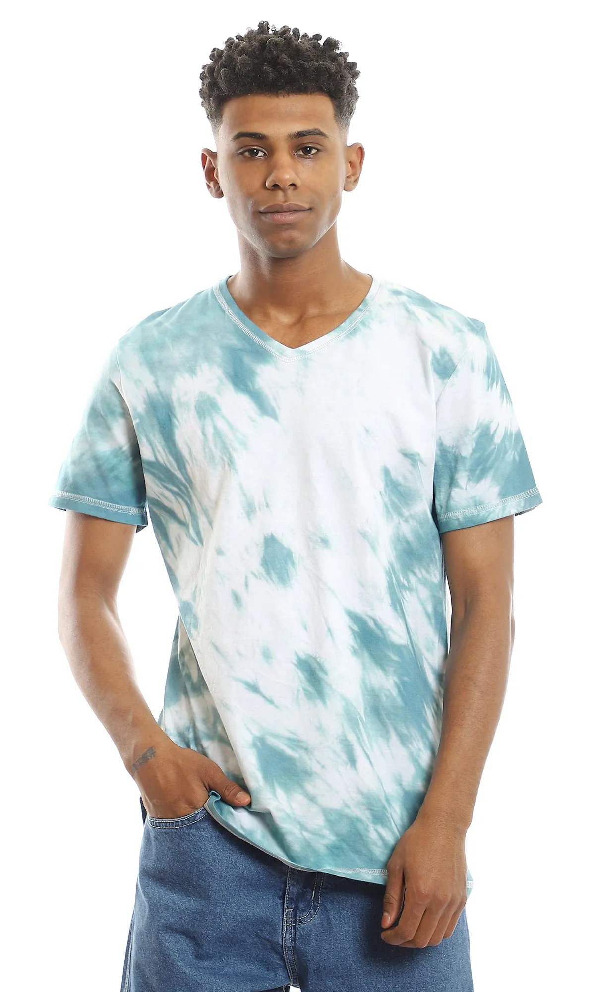 94562 Tie Dye Light Teal V-Neck Cotton Tee