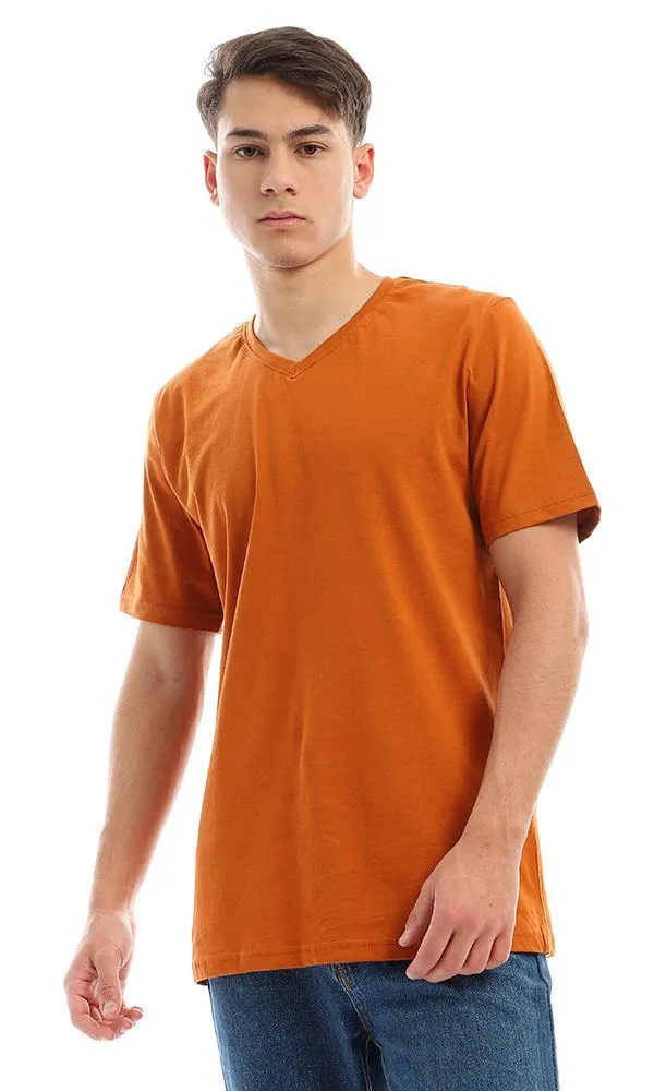 94609 Basic Solid Cinnamon V-Neck Cotton Tee